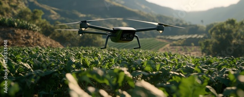 Aerial View of Drone Monitoring Crops in a Lush Agricultural Field at Sunset photo