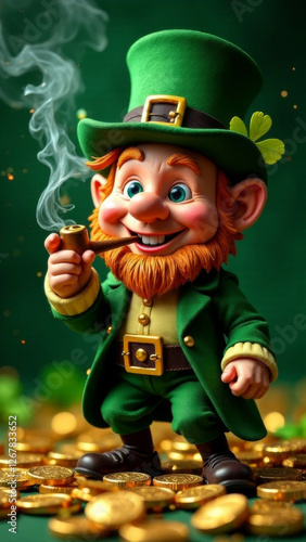 Holiday concept. Cheerful leprechaun with a pipe and coins. St. Patrick's Day.