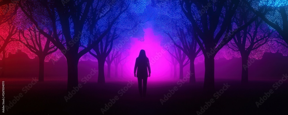 Silhouette of a Figure Surrounded by Colorful Neon Lights in a Mystical Forest at Night Silhouette of a Figure Surrounded by Colorful Neon Lights in a Mystical Forest at Night