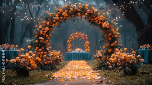 Autumnal floral arch wedding ceremony