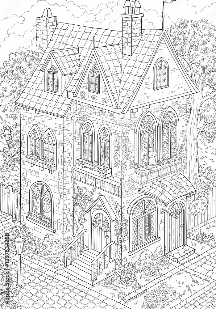 Obraz premium Detailed House & Home Building Design Coloring Book: Outline Sketch Doodle Illustrations with Page Drawing Elements