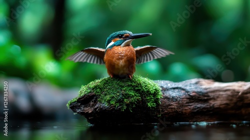 This enchanting image captures a kingfisher poised on a mossy log, ready to fly, symbolizing movement and the beauty of fleeting moments in nature. photo