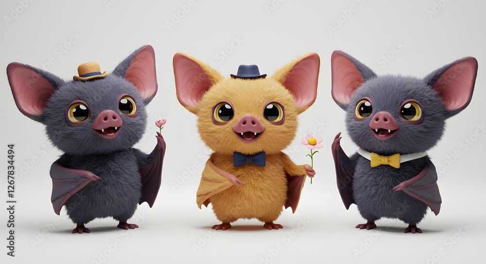 Cute Cartoon Bats Wearing Hats and Bow Ties Holding Flowers Illustration Cute Cartoon Bats Wearing Hats and Bow Ties Holding Flowers Illustration