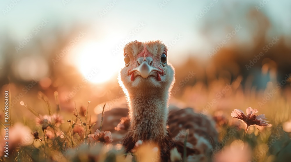 Fototapeta premium A picturesque turkey glows in the warm sunlight of a sunset, surrounded by blooming flowers, portraying a tranquil moment in a lively, vibrant landscape.