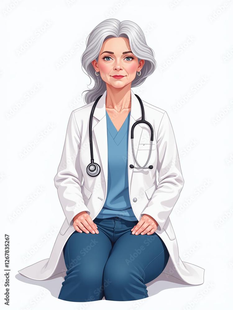 Senior Woman In Her 50s With Stethoscope Sits Alone On A Plain White Background, Professional Attire And Serious Expression. 00002 Senior Woman In Her 50s With Stethoscope Sits Alone On A Plain White Background, Professional Attire And Serious Expression. 00002