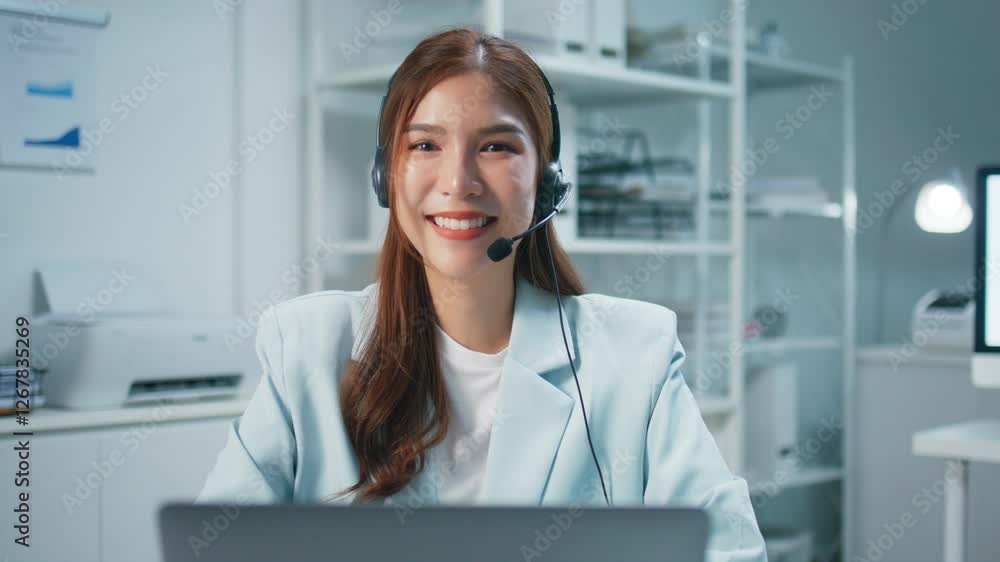 Portrait of Asian businesswoman with a headset, working on customer care and Customer service representative in office. Happy asian call center woman helpdesk looking at camera with a smiling face. Portrait of Asian businesswoman with a headset, working on customer care and Customer service representative in office. Happy asian call center woman helpdesk looking at camera with a smiling face.