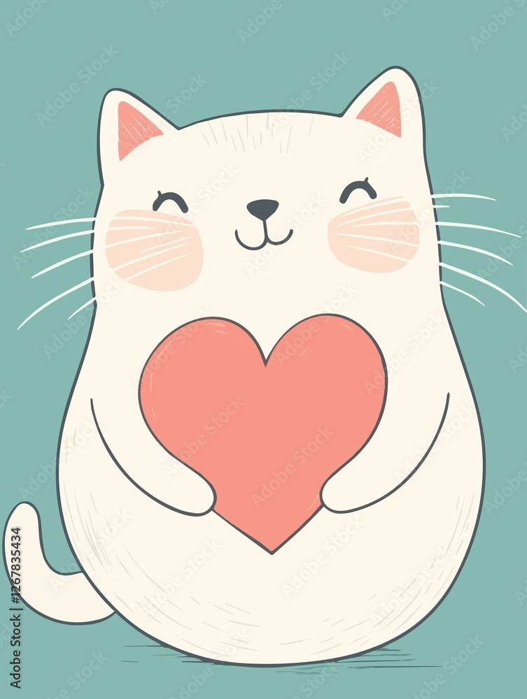 Cute chubby cat holding a heart, drawn in a clean vector illustration style. Smooth and clearly defined contours, soft pastel colors, minimalistic design, no gradients, print scalable, high resolution Cute chubby cat holding a heart, drawn in a clean vector illustration style. Smooth and clearly defined contours, soft pastel colors, minimalistic design, no gradients, print scalable, high resolution