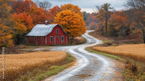 Autumnal red barn on winding country road