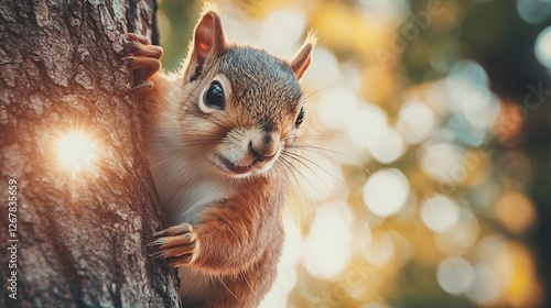 Fototapeta Naklejka Na Ścianę i Meble -  cute small brown squirrel climbing tree in park forest nature closeup furry rodent animal adorable fluffy mammal summer fauna outdoor wildlife natural environment