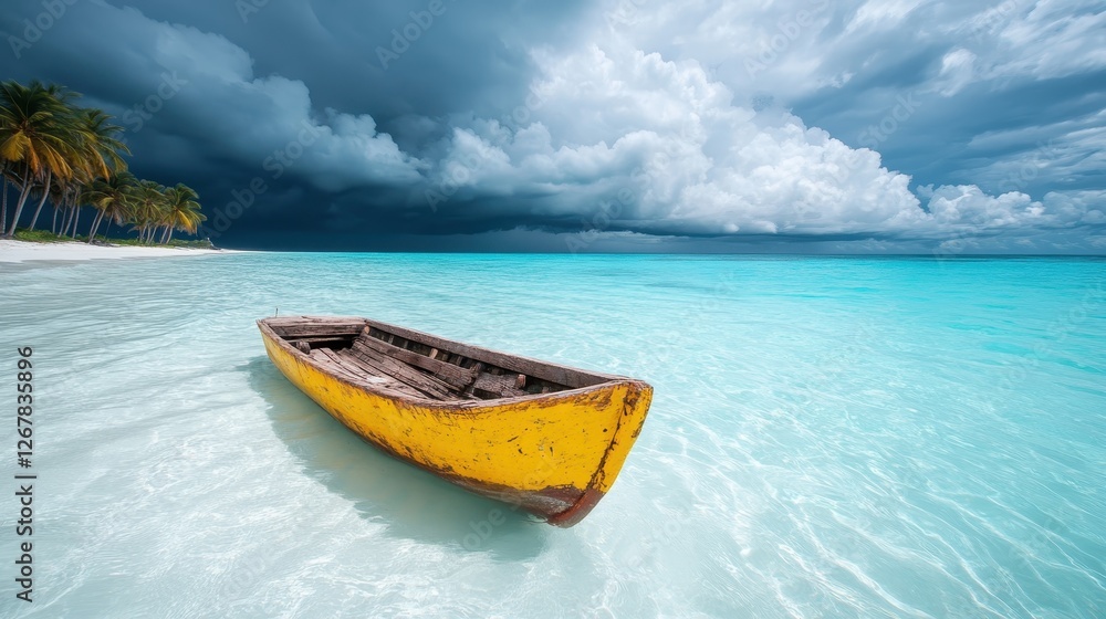 A picturesque scene featuring a yellow boat anchored in tranquil waters, beneath dramatic storm clouds and surrounded by lush palm trees, embodying contrast and beauty. A picturesque scene featuring a yellow boat anchored in tranquil waters, beneath dramatic storm clouds and surrounded by lush palm trees, embodying contrast and beauty.