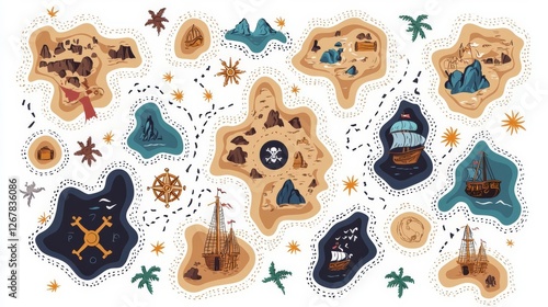 Colorful hand-drawn treasure map featuring islands, ships, and landmarks of adventure.
