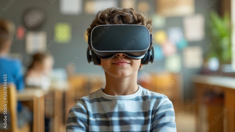 A boy in a classroom using a virtual reality headset to learn A boy in a classroom using a virtual reality headset to learn