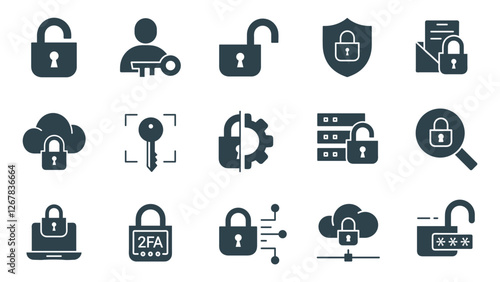 Security solid Icon Set Vector. Lock, Protection, and Safety Symbols illustrations