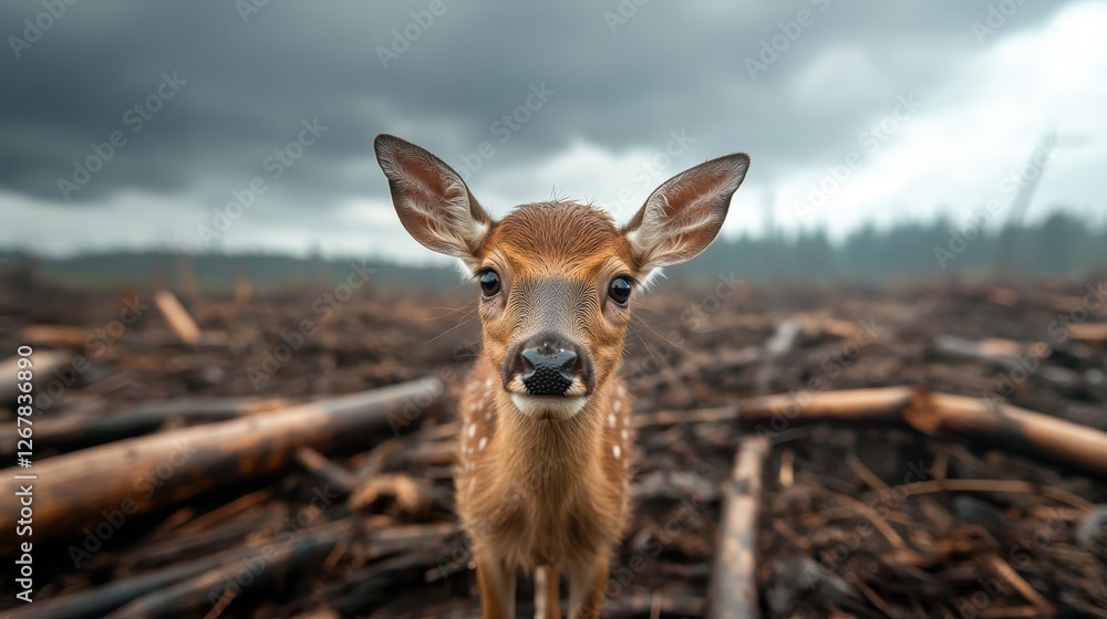 Fototapeta premium An atmospheric portrait of a young deer standing in a deforested area, embodying the themes of vulnerability and environmental awareness in a strikingly somber setting.