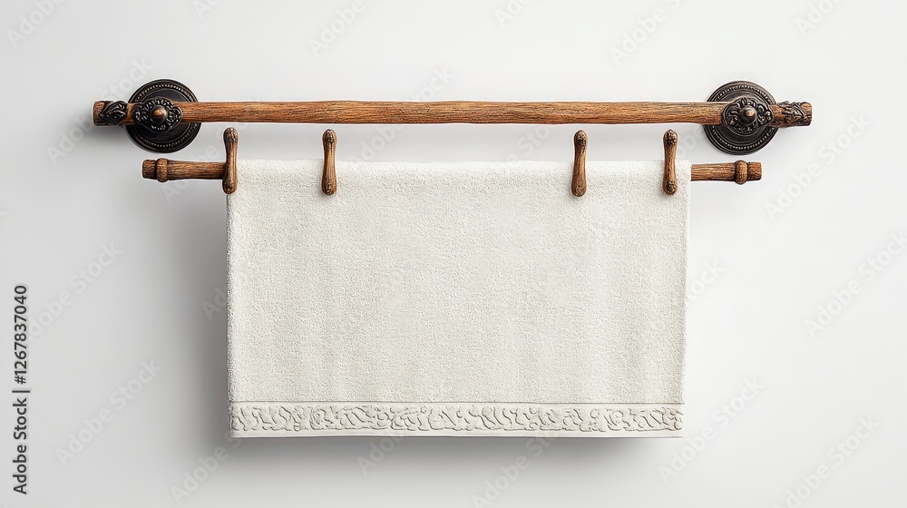 Elegant White Towel Hanging on Wooden Rack with Decorative Ends Elegant White Towel Hanging on Wooden Rack with Decorative Ends