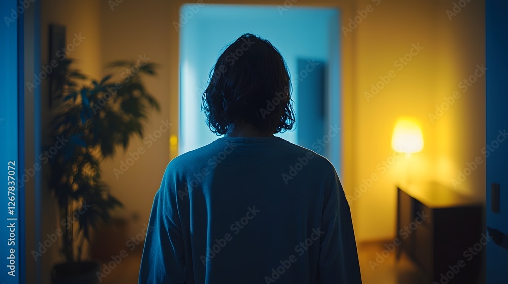 Obscured Figure Pausing in a Dimly Lit Room, Symbolizing Short-Term Memory Loss Obscured Figure Pausing in a Dimly Lit Room, Symbolizing Short-Term Memory Loss