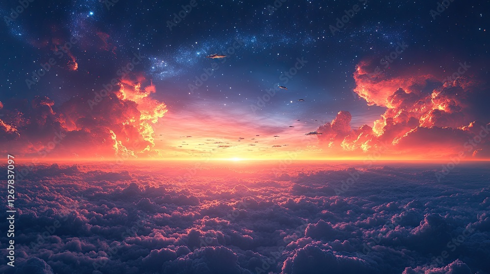 Sunrise Above Clouds, Aerial View, Starry Night Sunrise Above Clouds, Aerial View, Starry Night