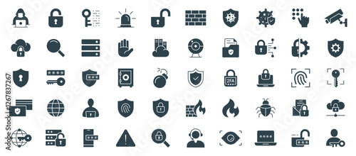 Security and Protection Solid Icon Set. Vector Illustration for Cyber Safety, Privacy, Access Control, and Data Protection