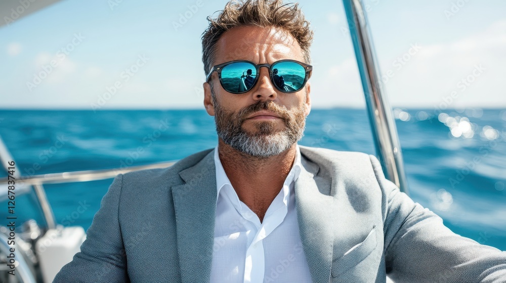 A well-dressed man relaxing on a yacht, wearing sunglasses and exuding confidence while enjoying the serene beauty of the ocean and bright sunshine. A well-dressed man relaxing on a yacht, wearing sunglasses and exuding confidence while enjoying the serene beauty of the ocean and bright sunshine.