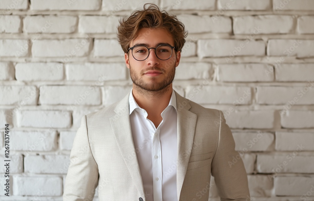 An confident entrepreneur in a light-colored suit at a white-brick office An confident entrepreneur in a light-colored suit at a white-brick office
