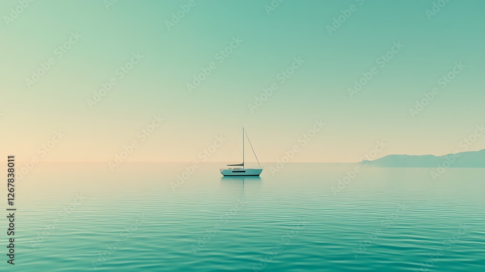 Solitary Sailboat on Calm Ocean Waters at Dawn Solitary Sailboat on Calm Ocean Waters at Dawn