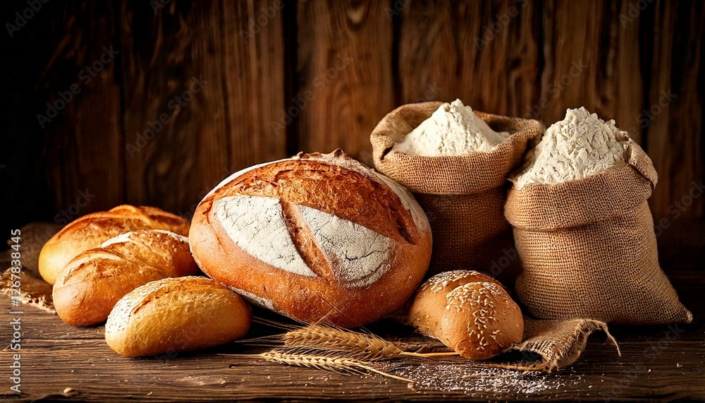 loaves of bread and sacks of flour with a rustic look