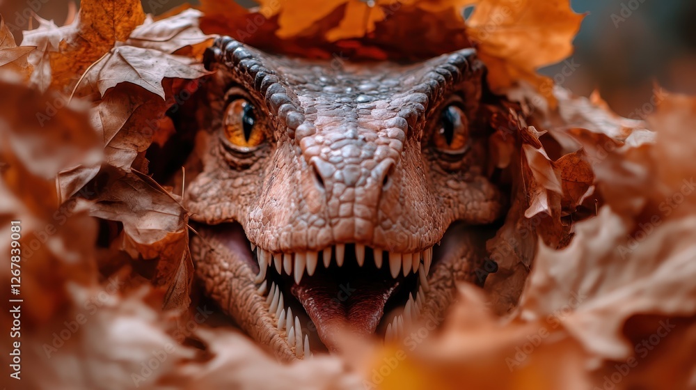 A stunning close-up of a dinosaur's face peeking out from a pile of autumn leaves, showcasing its intricate scales and striking orange eyes in a vibrant natural setting. A stunning close-up of a dinosaur's face peeking out from a pile of autumn leaves, showcasing its intricate scales and striking orange eyes in a vibrant natural setting.