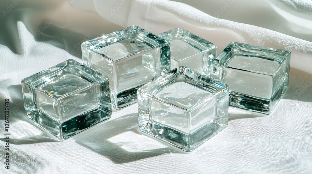 Clear Ice Cubes on White Fabric, Sunlight Shadows Clear Ice Cubes on White Fabric, Sunlight Shadows