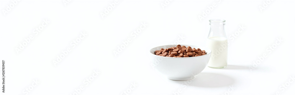 White Background Features A Simple Breakfast Setup With A Bowl Of Chocolate Cornflakes And Milk In An Isolated Setting. 00002 White Background Features A Simple Breakfast Setup With A Bowl Of Chocolate Cornflakes And Milk In An Isolated Setting. 00002