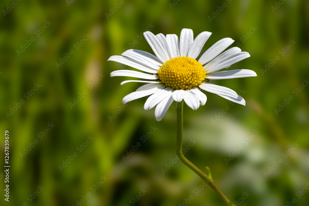 Obraz premium A white flower with yellow center is standing in a green field