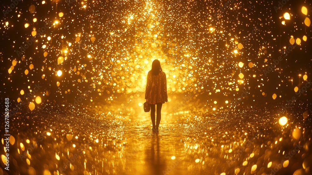 A silhouette walks through a shimmering golden pathway of light. A silhouette walks through a shimmering golden pathway of light.