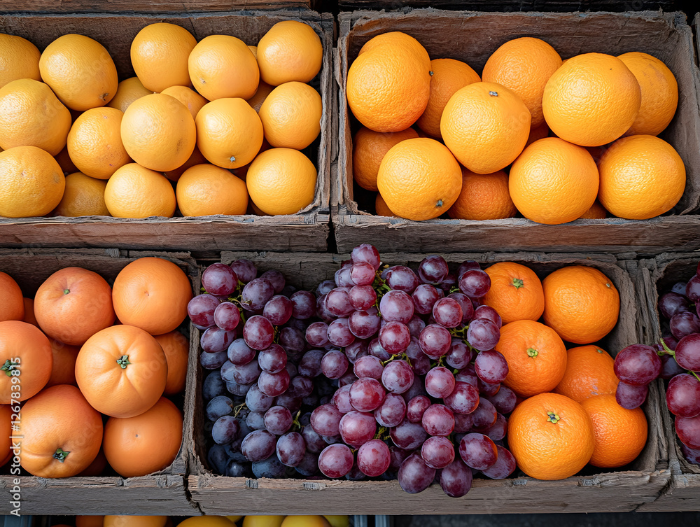 Selection of Fresh Apples, Grapes, and Oranges Displayed on Wooden Shelves in a Market Setting Inviting Customers to Enjoy Seasonal Fruits Selection of Fresh Apples, Grapes, and Oranges Displayed on Wooden Shelves in a Market Setting Inviting Customers to Enjoy Seasonal Fruits