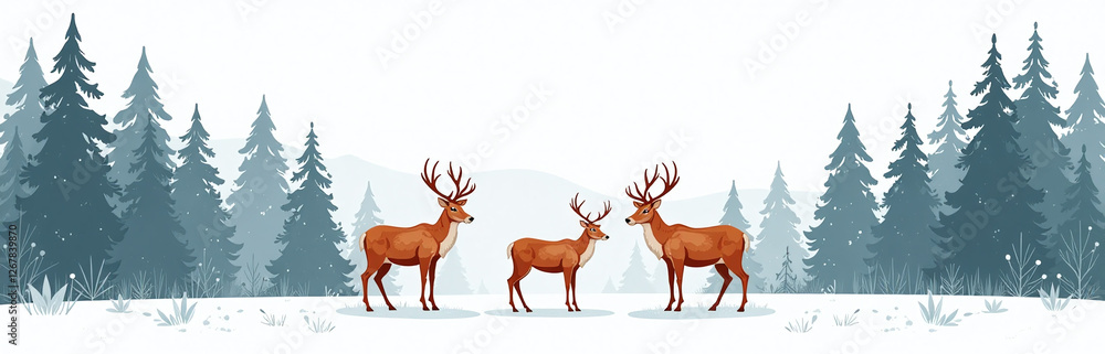 Wild Red Deer And Reindeer In A Group Stand Facing Forward In An Isolated Forest Landscape On A White Background. 00001 Wild Red Deer And Reindeer In A Group Stand Facing Forward In An Isolated Forest Landscape On A White Background. 00001