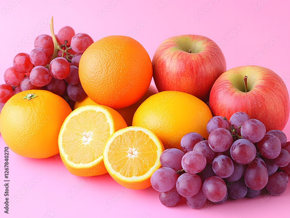 Selection of Fresh Apples, Grapes, and Oranges Displayed on Wooden Shelves in a Market Setting Inviting Customers to Enjoy Seasonal Fruits Selection of Fresh Apples, Grapes, and Oranges Displayed on Wooden Shelves in a Market Setting Inviting Customers to Enjoy Seasonal Fruits