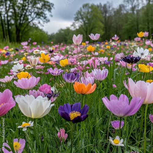 Colorful cosmos flowers field, lush green grass, trees in background, nature scene photo