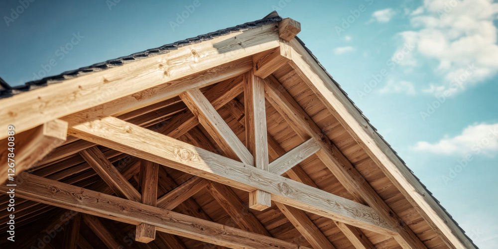 Featuring a detailed view of a wooden roof truss, the structure exemplifies skilled craftsmanship against a bright sky Featuring a detailed view of a wooden roof truss, the structure exemplifies skilled craftsmanship against a bright sky