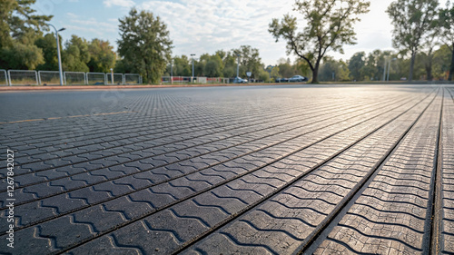 Paved path of square stone slabs against greenery and a light sky, realistic photography style photo