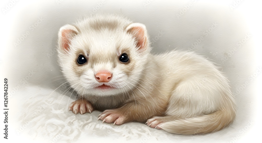 Cute White Ferret Illustration Lying on a Soft Blanket Looking Sweet Cute White Ferret Illustration Lying on a Soft Blanket Looking Sweet