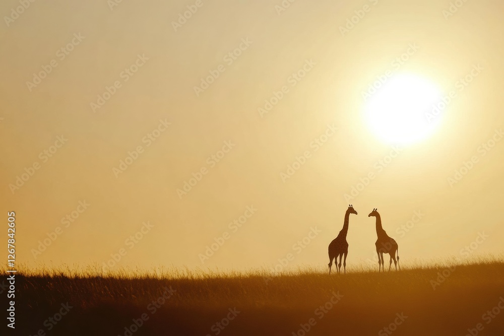 Two giraffes silhouetted against a beautiful sunset on a savannah landscape. Generative AI Two giraffes silhouetted against a beautiful sunset on a savannah landscape. Generative AI
