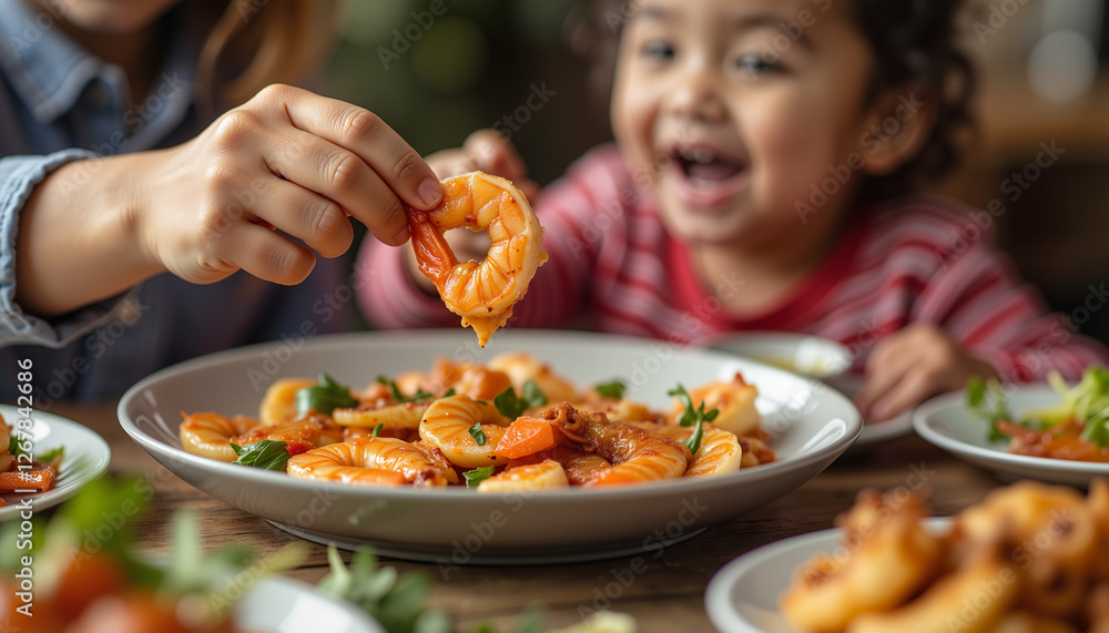Family enjoying shrimp pasta dish with laughter at the dining table Family enjoying shrimp pasta dish with laughter at the dining table