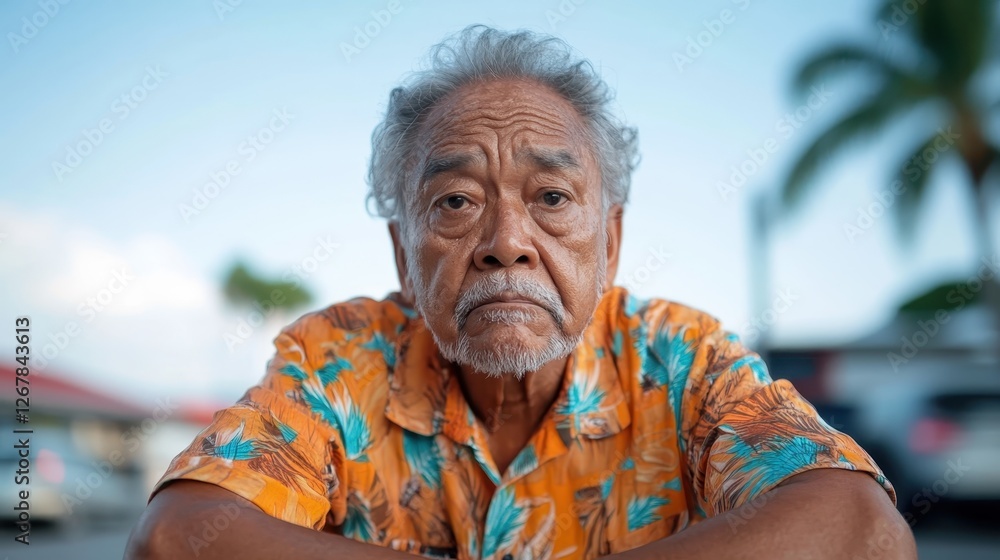 An elderly man with a thoughtful expression wears a floral shirt, seated outdoors with a backdrop that reflects warmth and nostalgia, evoking deep emotions. An elderly man with a thoughtful expression wears a floral shirt, seated outdoors with a backdrop that reflects warmth and nostalgia, evoking deep emotions.