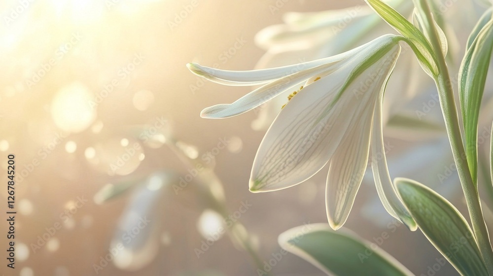 Fototapeta premium A detailed close-up of a Galanthus flower, its elegant white petals with green accents standing out against a blurred spring background, evoking freshness and renewal