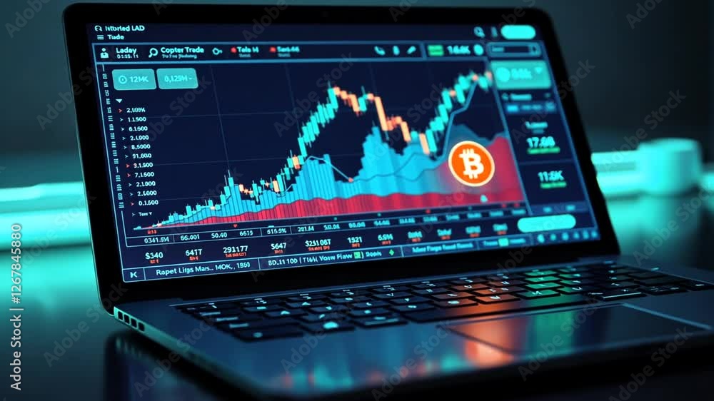 Bitcoin Trading and Stock Market Dashboard on Laptop Bitcoin Trading and Stock Market Dashboard on Laptop