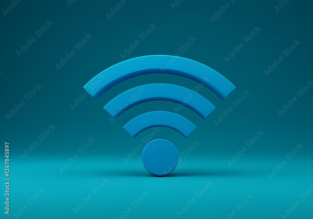 Blue WiFi Symbol on Cyan Background. The 3D illustration of the WiFi icon represents wireless communication and internet connectivity. Blue WiFi Symbol on Cyan Background. The 3D illustration of the WiFi icon represents wireless communication and internet connectivity.