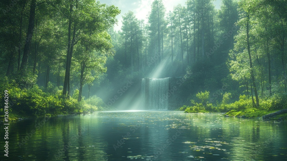 Fototapeta premium Lush forest waterfall stream tranquil morning