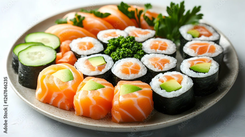 A beautifully arranged plate of sushi rolls with fresh salmon, avocado and cucumber A beautifully arranged plate of sushi rolls with fresh salmon, avocado and cucumber