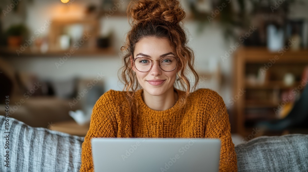A young woman with curly hair smiles while working on her laptop in a cozy home setting, showcasing a relaxed environment conducive to creativity and productivity. A young woman with curly hair smiles while working on her laptop in a cozy home setting, showcasing a relaxed environment conducive to creativity and productivity.
