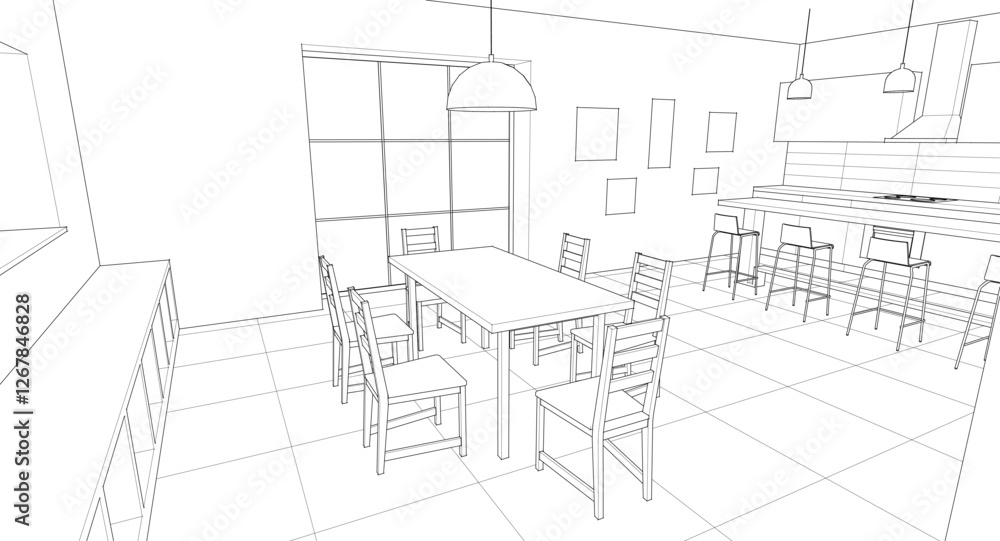 Fototapeta premium house interior kitchen living room 3d illustration