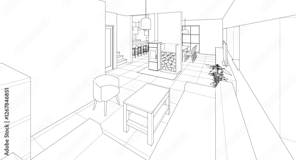 Fototapeta premium house interior kitchen living room 3d illustration