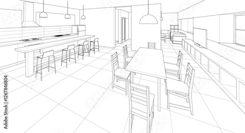 
house interior kitchen living room 3d illustration